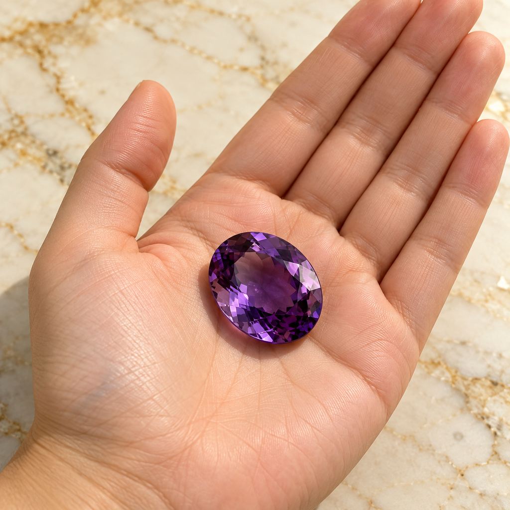 Amethyst gemstone held in hand