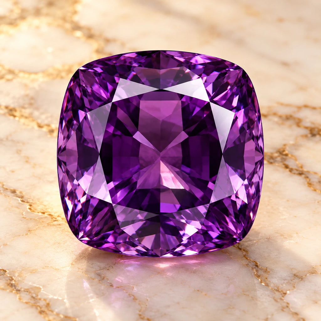 Amethyst gemstone centered on warm marble