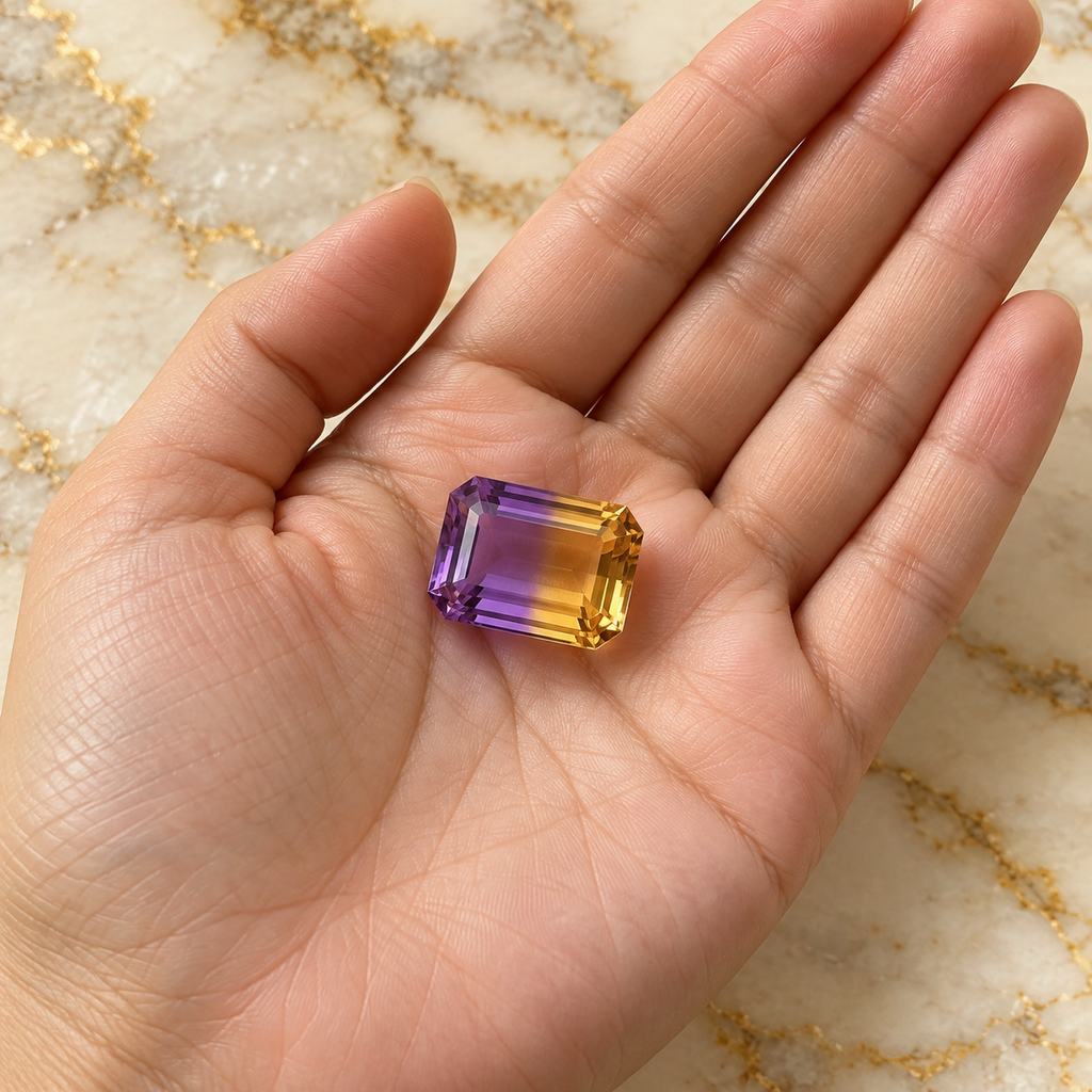 Ametrine gemstone held in hand