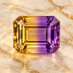 Ametrine gemstone centered on warm marble