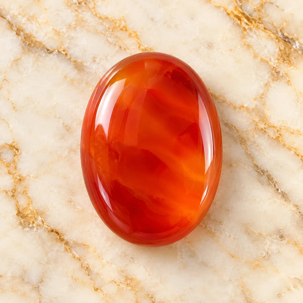 Carnelian gemstone centered on warm marble