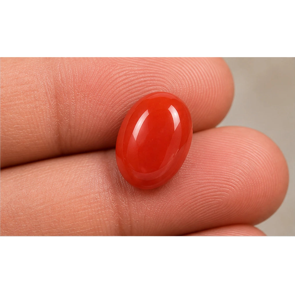 Coral gemstone held on fingertips
