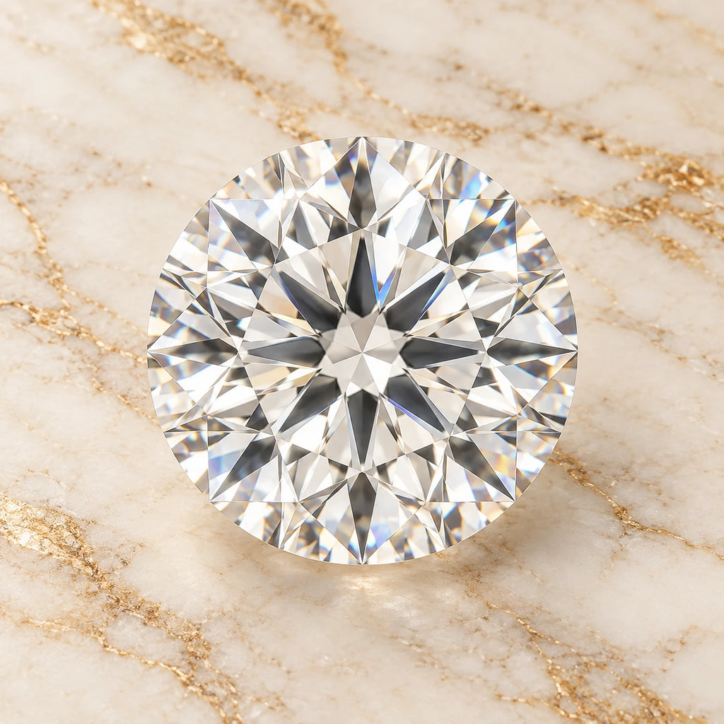 Diamond gemstone centered on warm marble