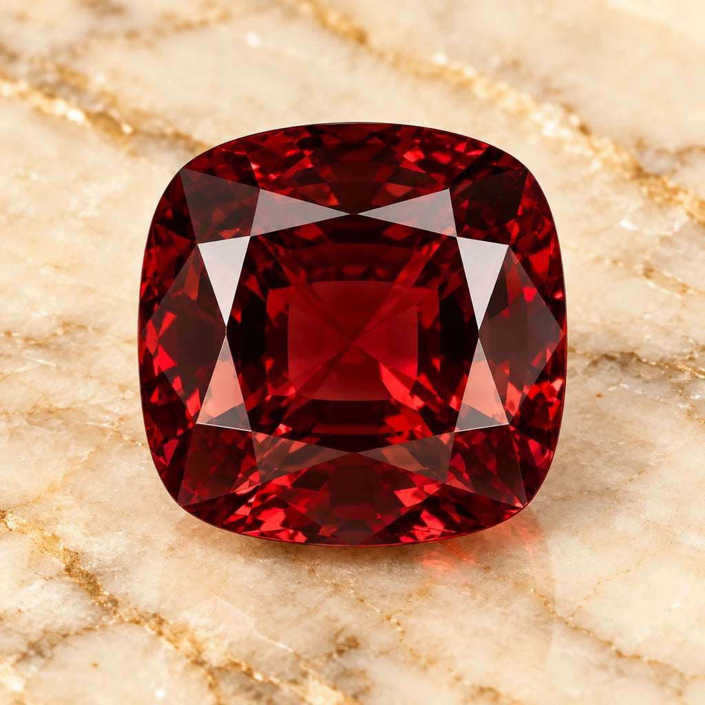 Garnet gemstone centered on warm marble