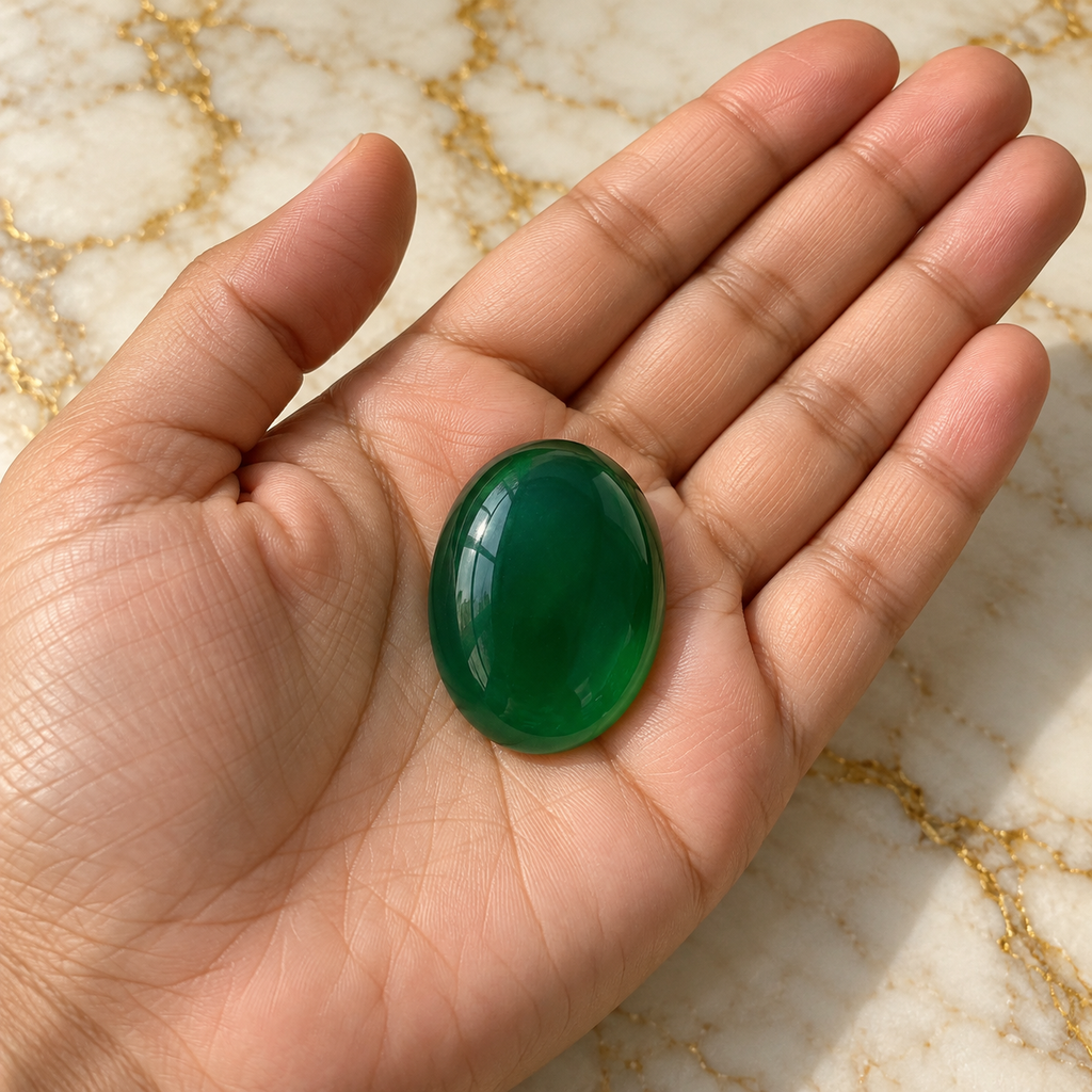 Green Onex gemstone held in hand
