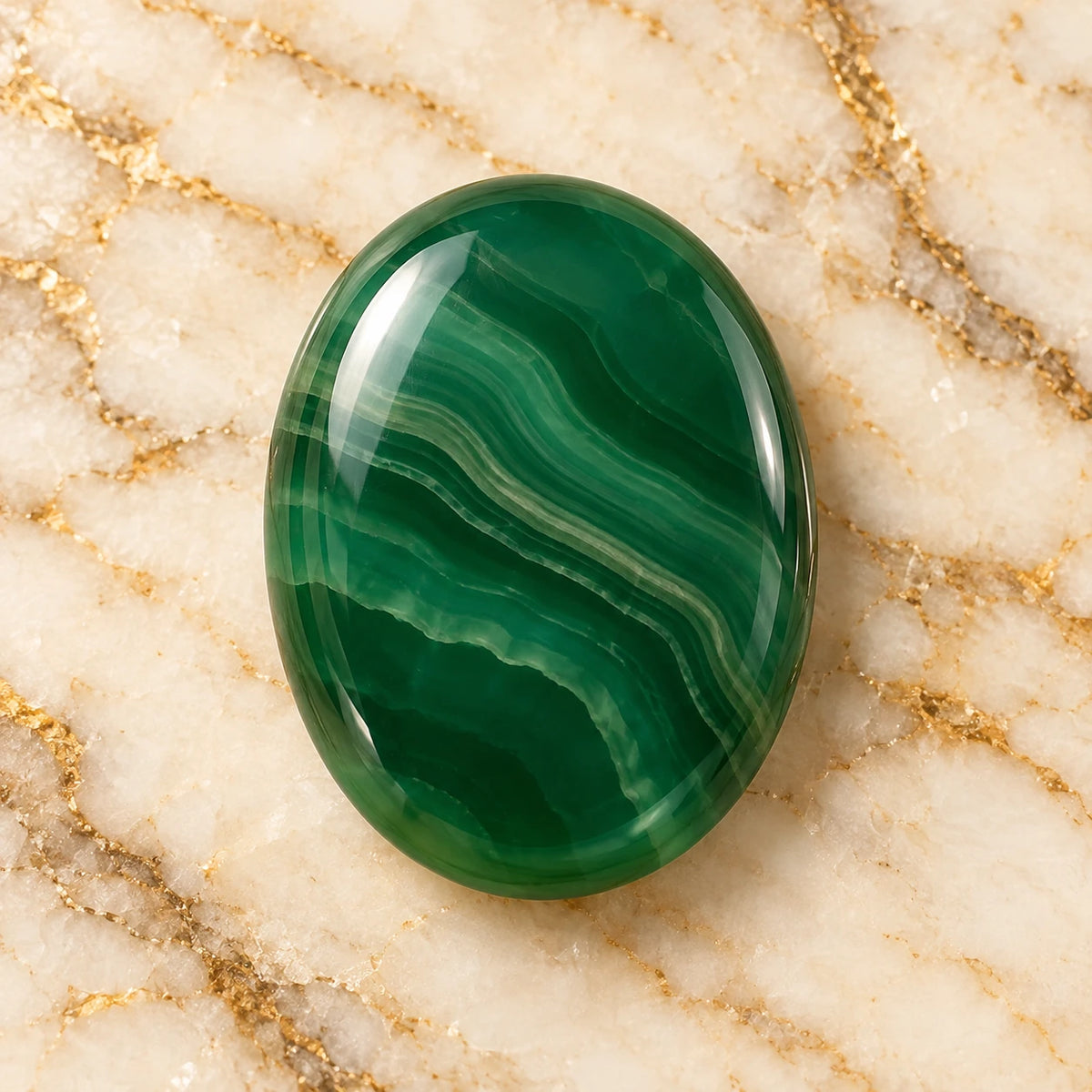 Green Onex gemstone centered on warm marble