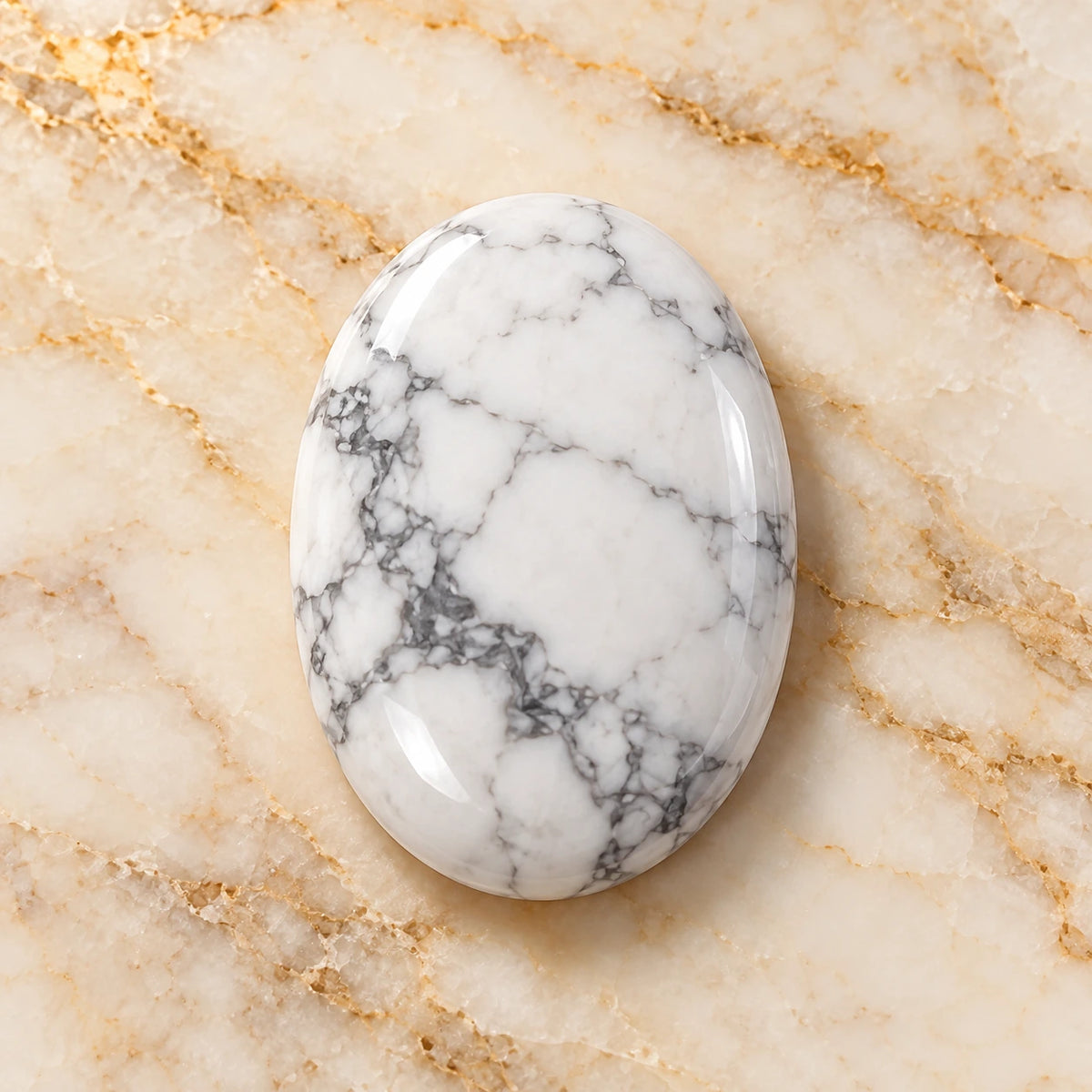 Howlite gemstone centered on warm marble