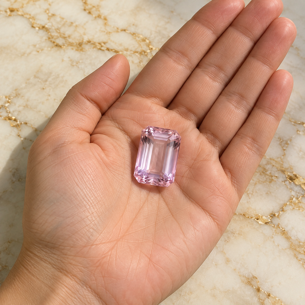 Kunzite gemstone held in hand