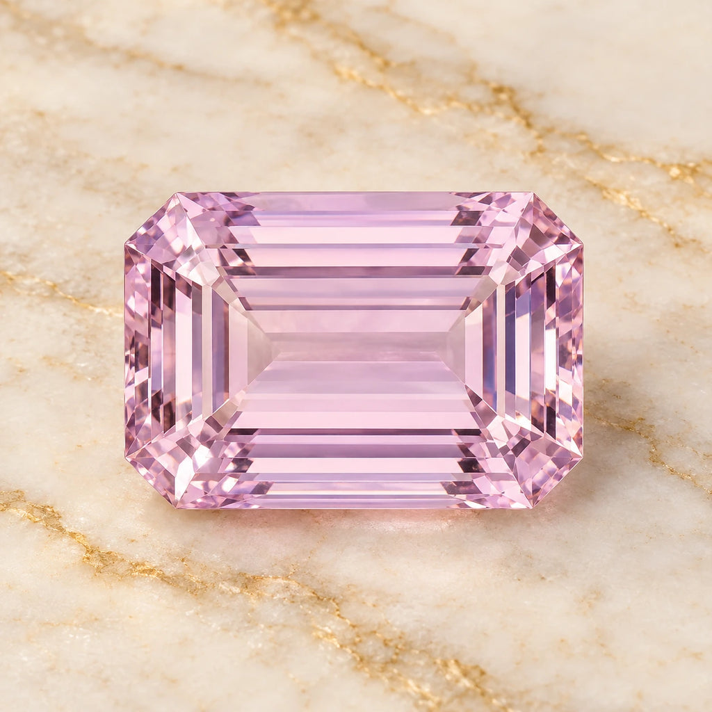 Kunzite gemstone centered on warm marble