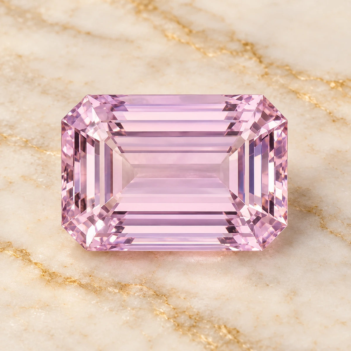 Kunzite gemstone centered on warm marble