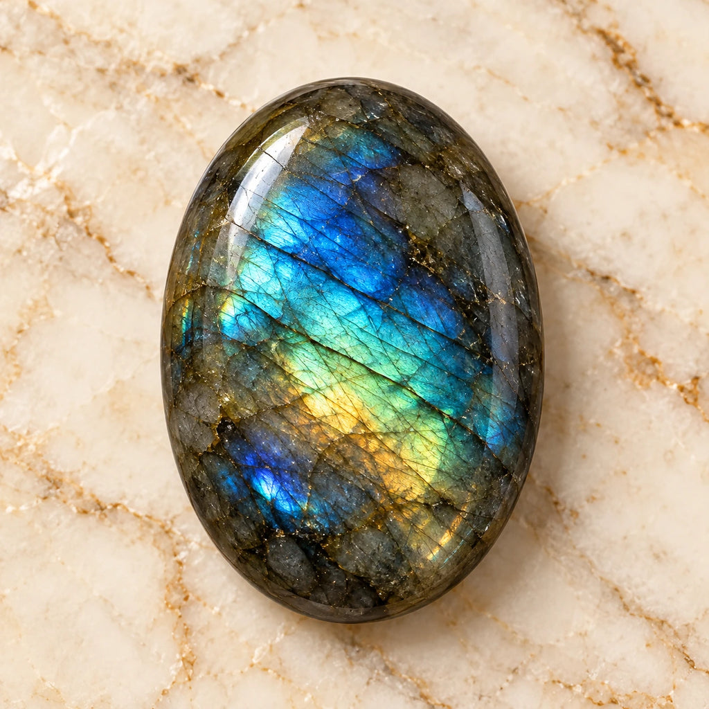 Labradorite gemstone centered on warm marble