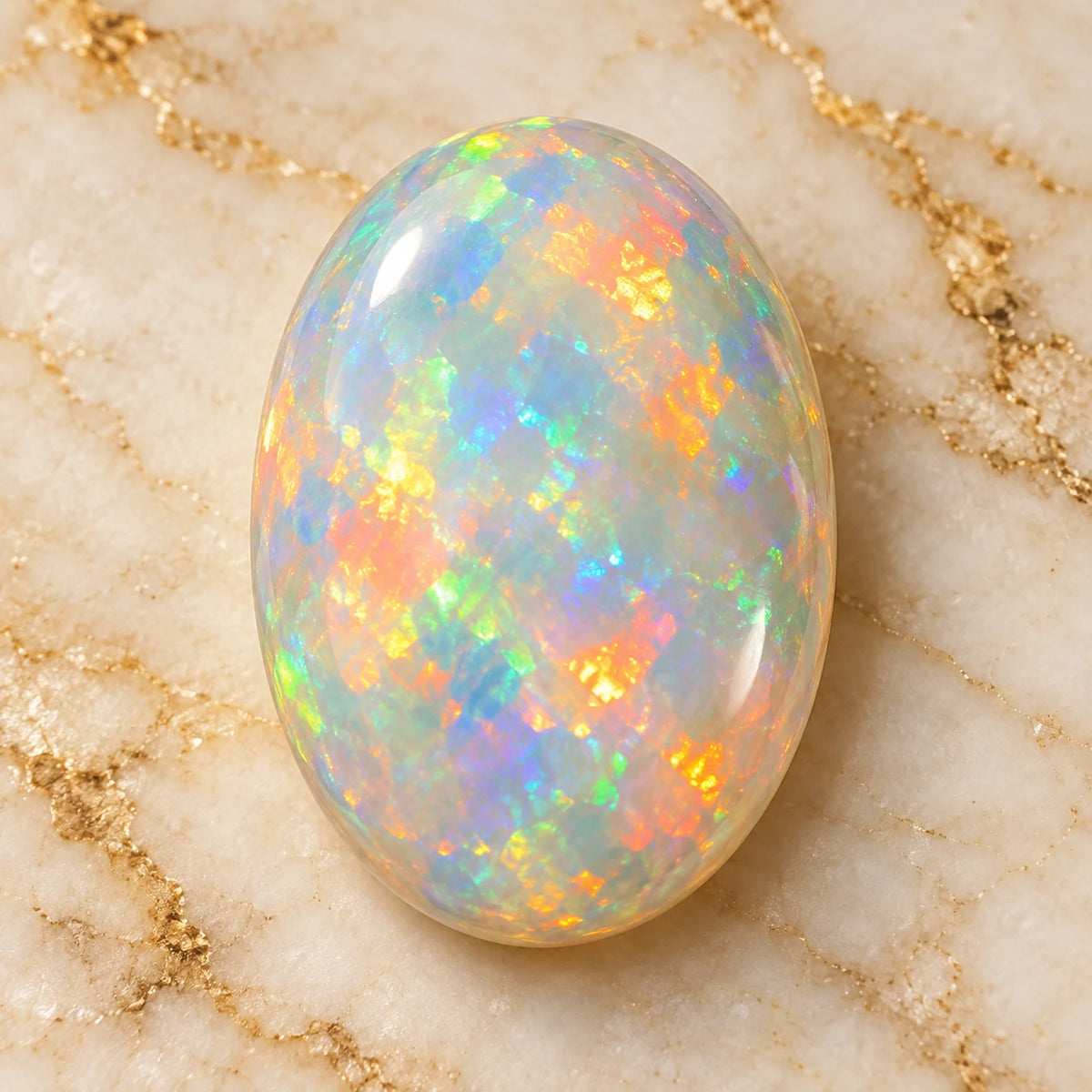 Opal gemstone centered on warm marble