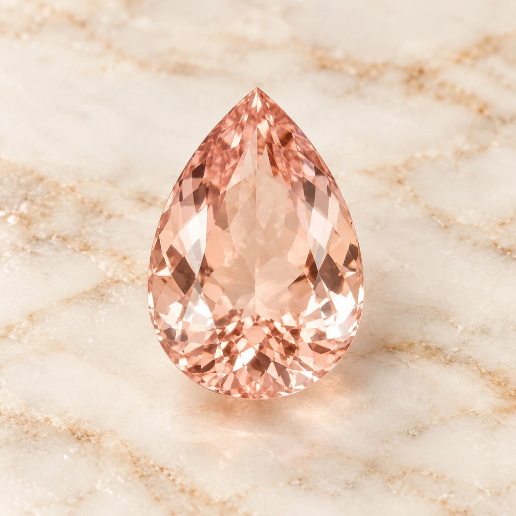 Pear shaped pink gemstone centered on warm marble