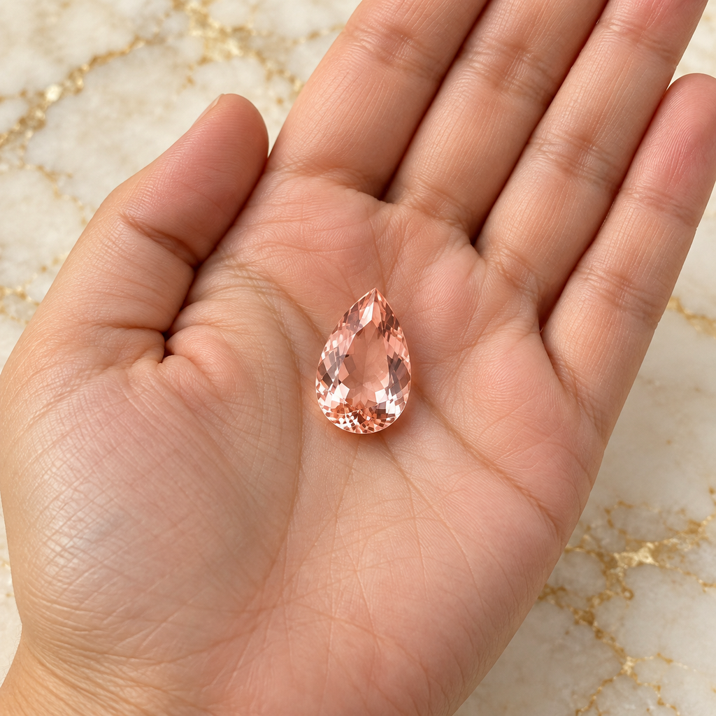 Pearl Morganite gemstone held in hand