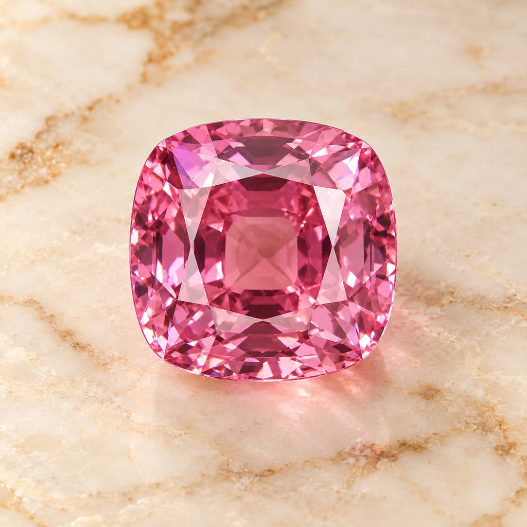 Pink Sapphire gemstone centered on warm marble