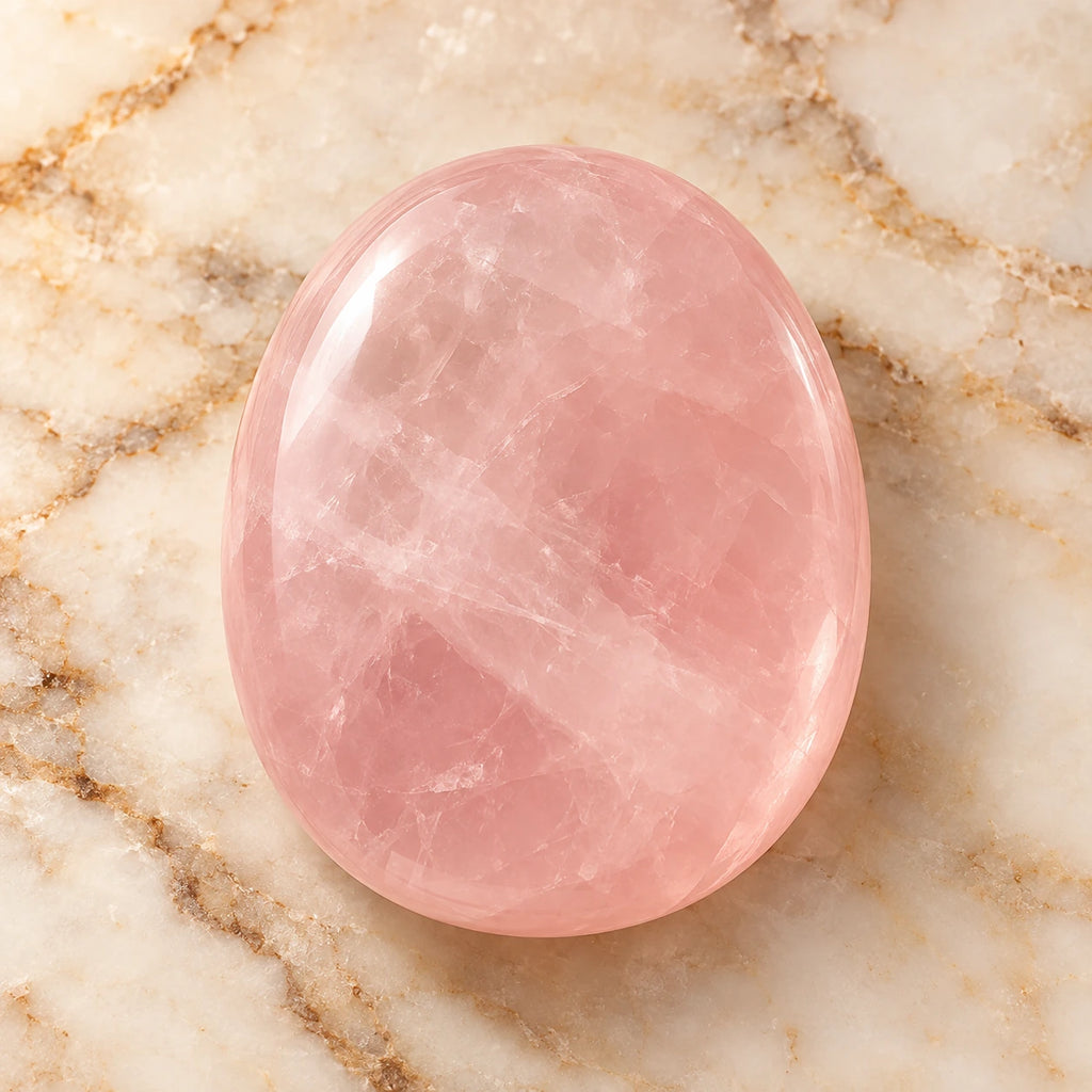 Rose Quartz gemstone centered on warm marble