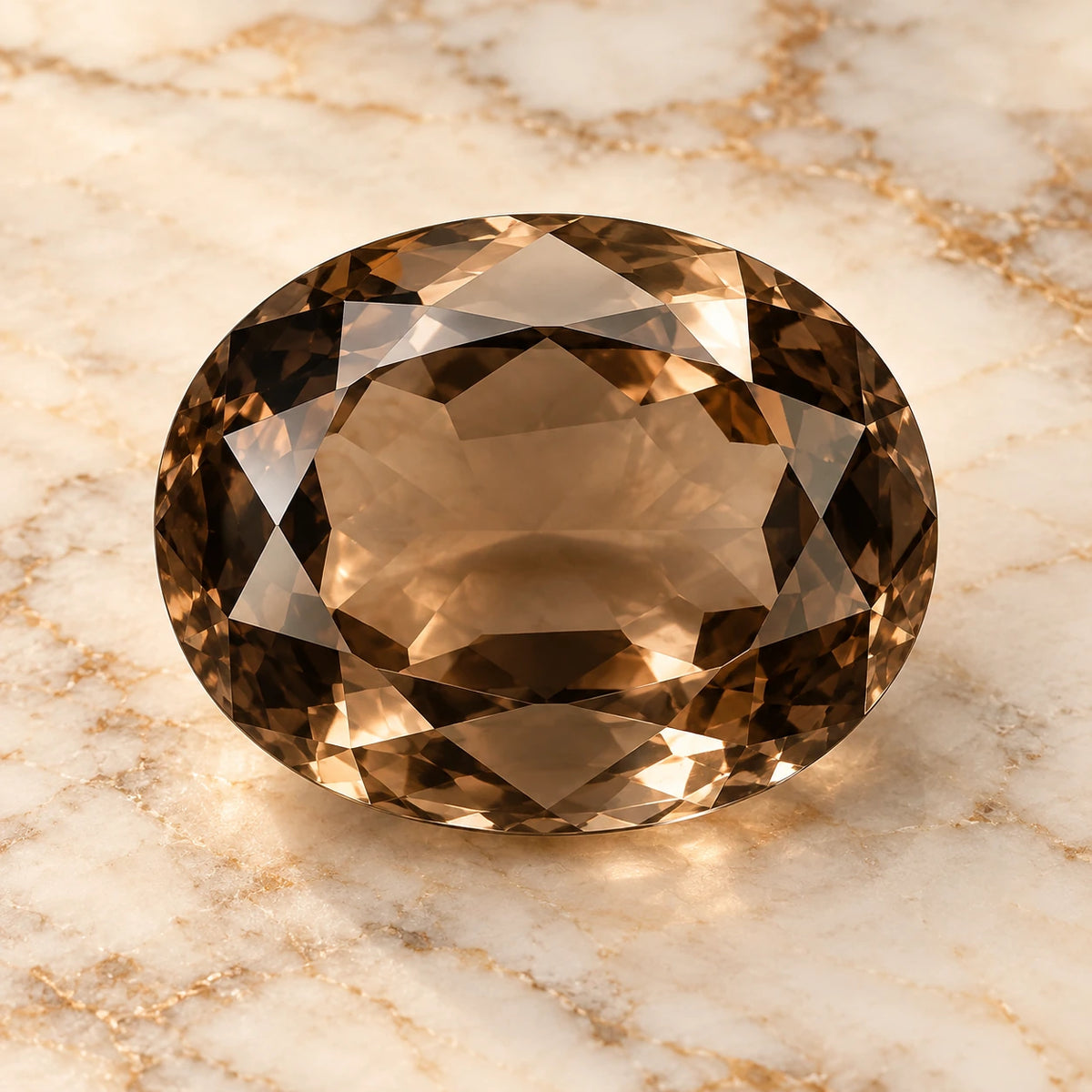 Smoky Quartz gemstone centered on warm marble