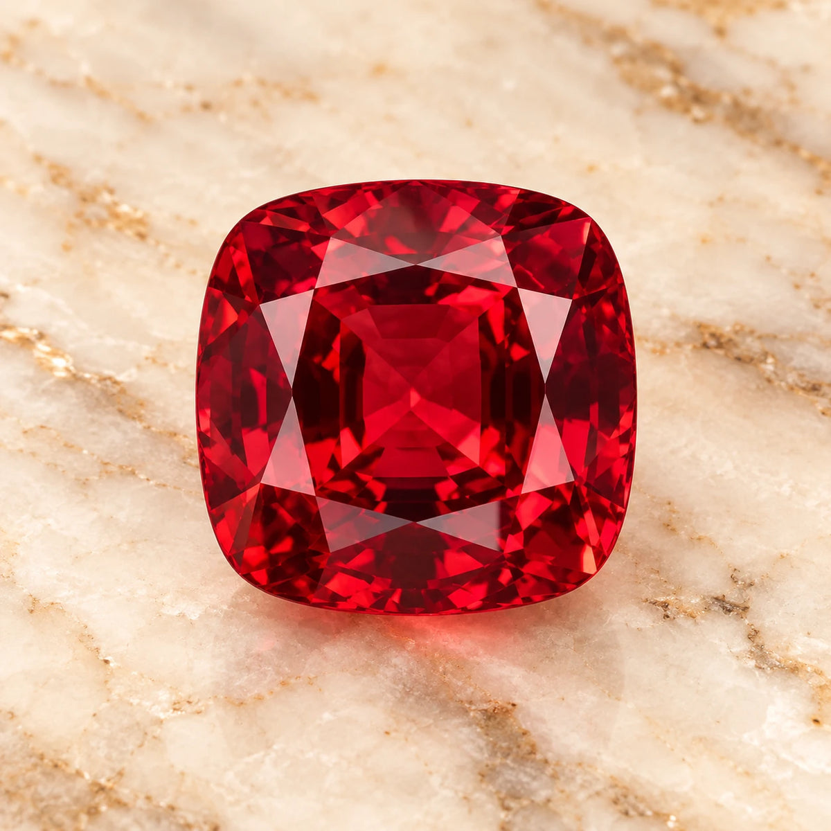 Spinel gemstone centered on warm marble