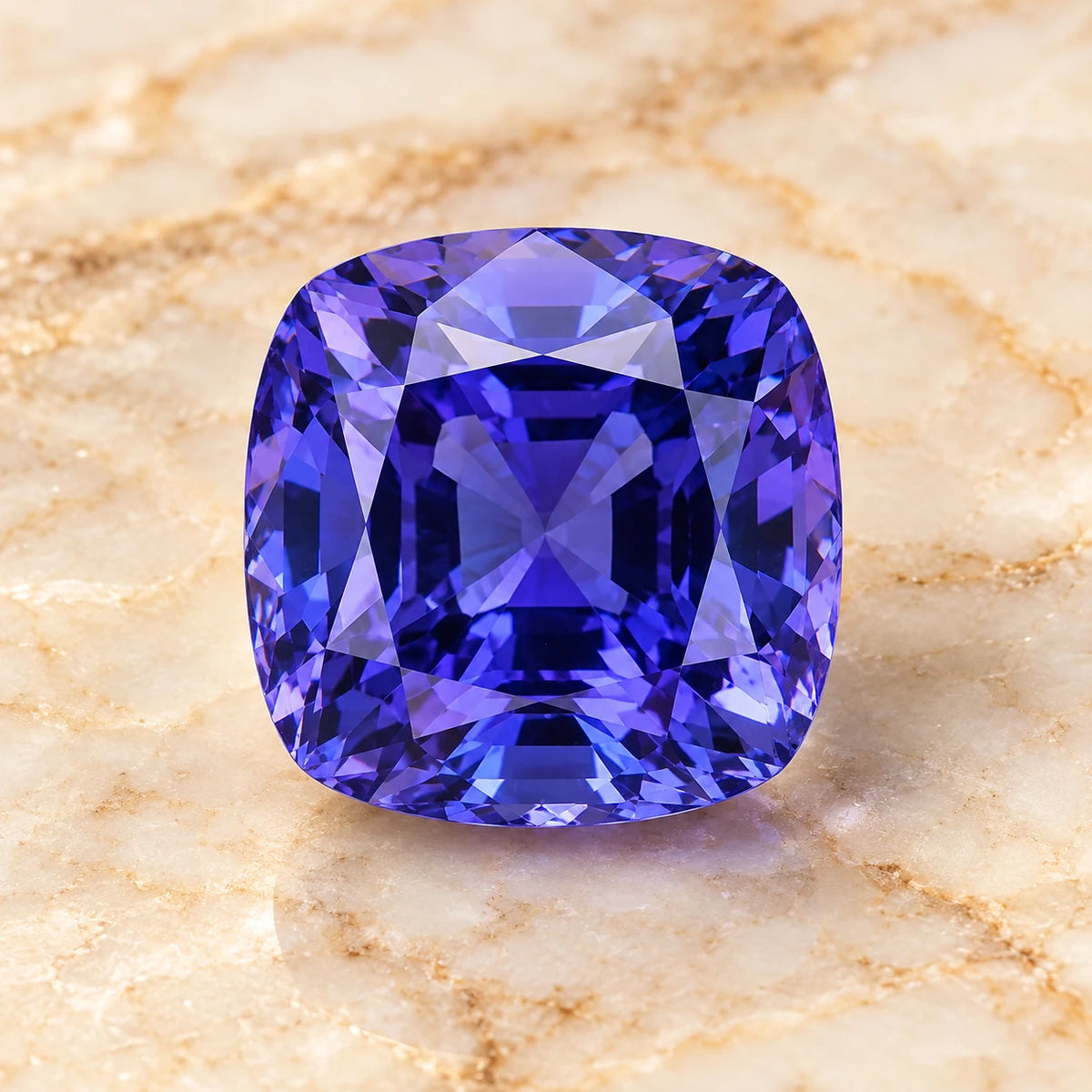 Tanzanite gemstone centered on warm marble