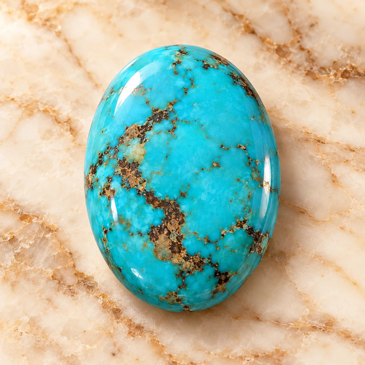 Turquoise gemstone centered on warm marble